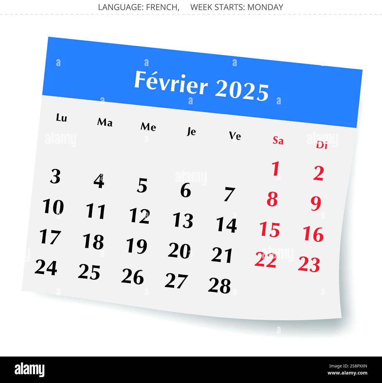 Französischer Kalender für februar 2025. Vektorillustration einer Papierseite für den Wintermonat für Frankreich Stock Vektor