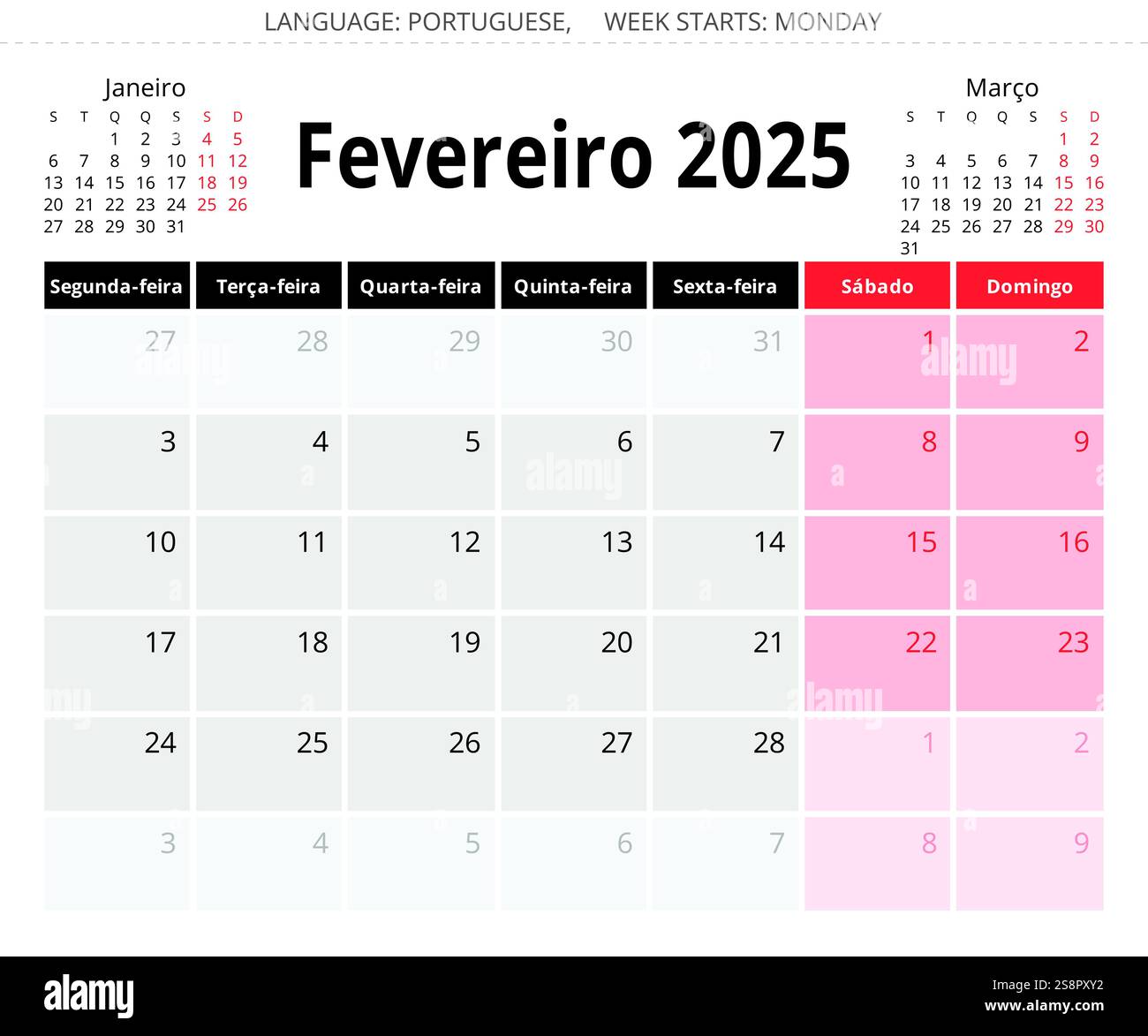 PORTUGIESISCHER Monatskalender Februar für 2025 Jahre (Fevereiro). Vektorseite Illustration für Portugal Stock Vektor