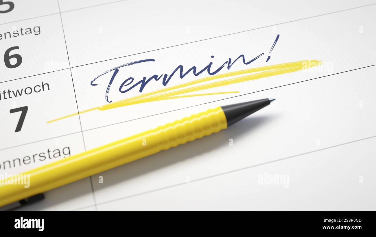 Typischer Kalender mit rotem Stift und dem Wort Datum in deutscher Sprache. 3D-Abbildung Stockfoto