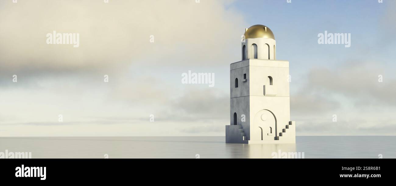 Ein weißes Banner im Hintergrund des Turmgebäudes. 3D Abbildung Stockfoto