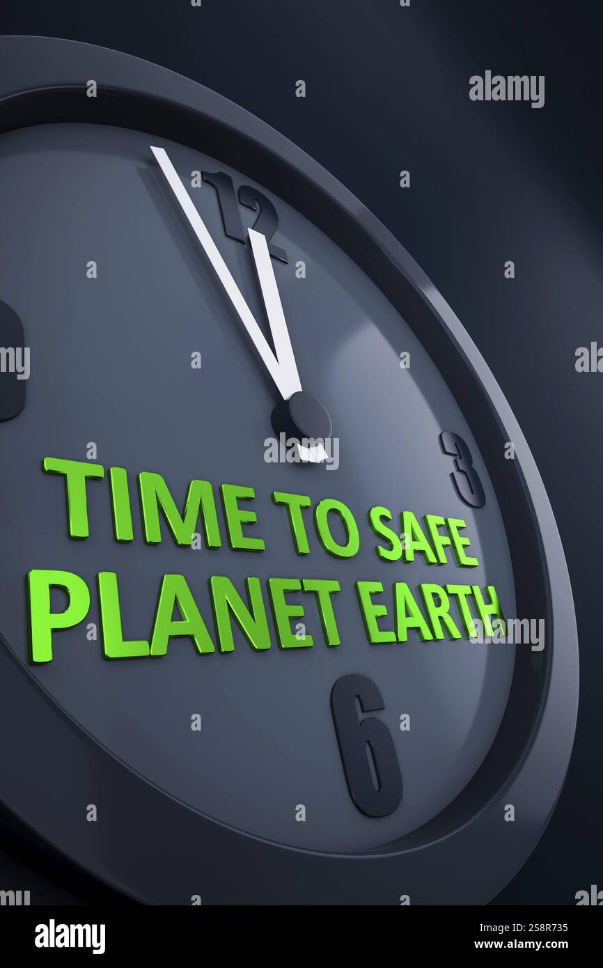 Eine Uhr mit Textzeit zum Schutz des Planeten Erde 3D-Illustration Stockfoto