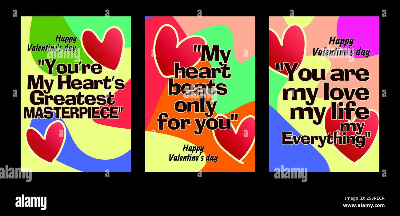 Auffällige Valentinstag-Vorlagen mit modernem Pastellhintergrund. Eine Valentinstag-Grußkarte mit Beispieltext, roten Herzen und abstraktem Hintergrund Stock Vektor
