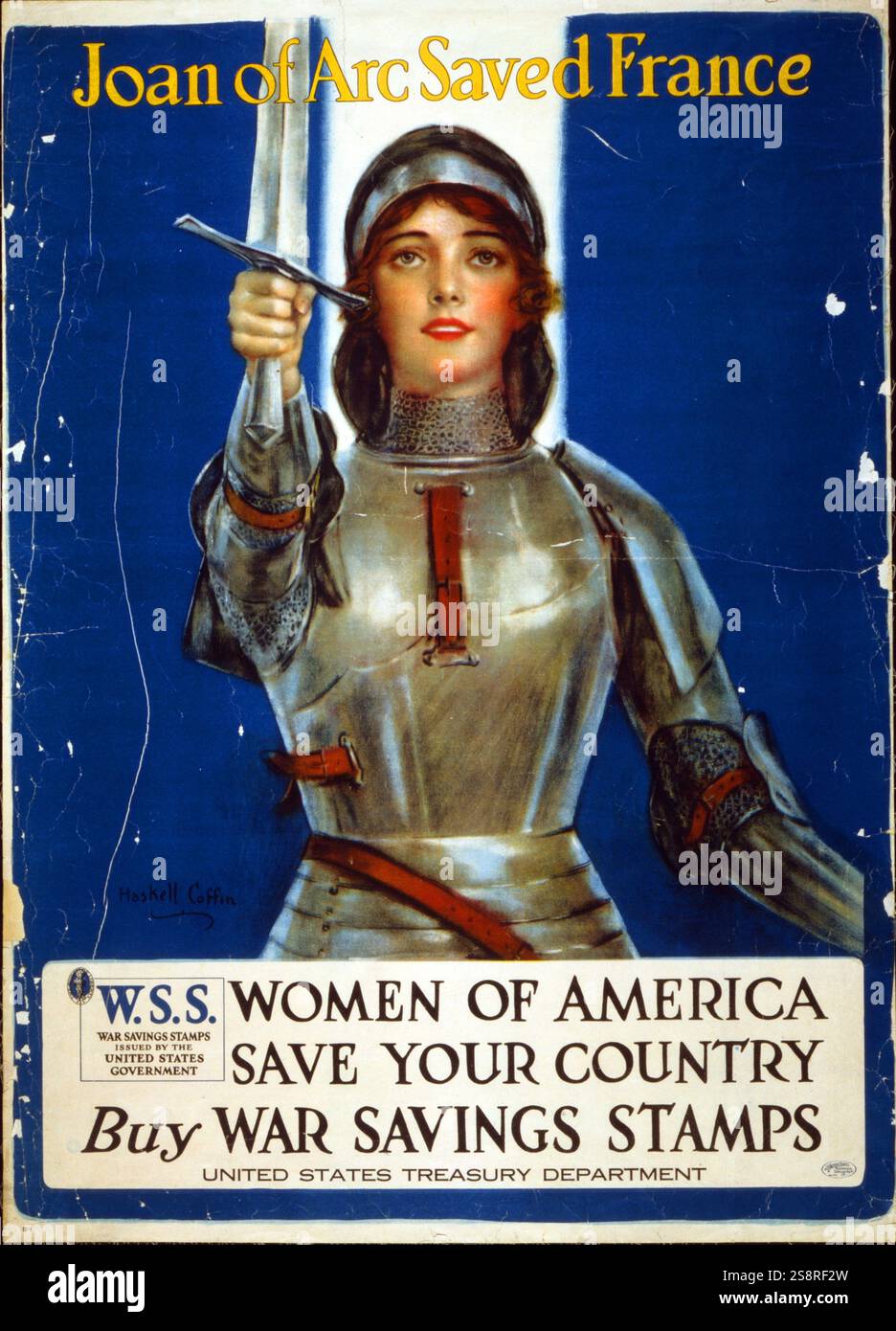 Jeanne d'Arc gespeichert Frankreich - Frauen von Amerika, ihr Land zu retten -- Krieg Einsparungen Briefmarken Plakat von Haskell Coffinll kaufen, Künstler [1918]. Weltkrieg ich Poster, auf dem Jeanne d'Arc, ein Schwert. Stockfoto