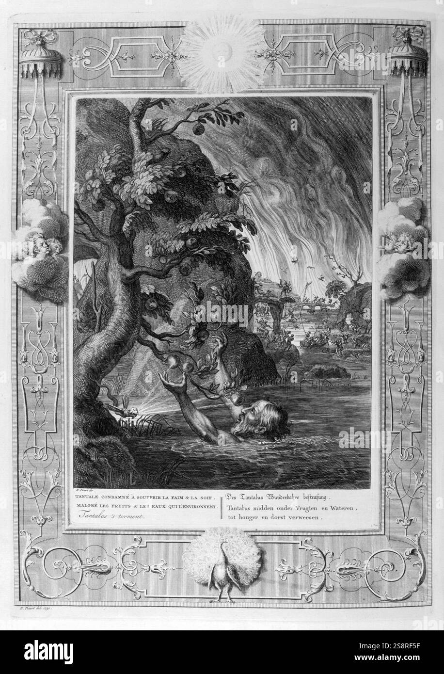 Tantalus. Gravur von "Tableaux du Temple des muses" (1655) von Michel de Marolles (1600 - 1681), bekannt als der Abbé de Marolles; eine französische Kirchenmann und Übersetzer. Tantalus (Altgriechisch:????????, Tantalus) war eine griechische mythologische Figur, berühmt für seine ewige Strafe in der TARTAROS. Er wurde in einem Pool von Wasser unter einem Obstbaum mit niedrigen Ästen zu stehen, mit der Frucht überhaupt entzieht sich seiner Reichweite, und das Wasser immer wieder zurueck, bevor er einen Drink nehmen könnte Stockfoto
