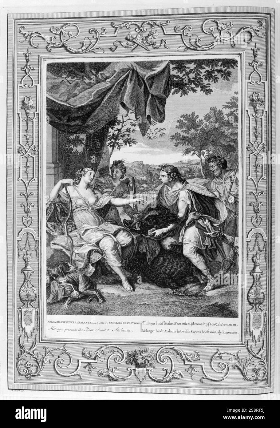 Meleager. Gravur von "Tableaux du Temple des muses" (1655) von Michel de Marolles (1600 - 1681), bekannt als der Abbé de Marolles; eine französische Kirchenmann und Übersetzer. In der griechischen Mythologie, Meleager war ein Held in seinem Temenos an Calydon in Aetolia verehrt. Er war bereits als Gastgeber des kalydonischen Eber Jagd in der epischen Tradition, die von Homer umgebaut wurde berühmt. Die Schicksale prognostiziert er nur Leben, bis eine Marke, Brennen in den häuslichen Herd würde. Meleager wählte Atalanta, eine leidenschaftliche Jägerin, den er geliebt hat. Stockfoto