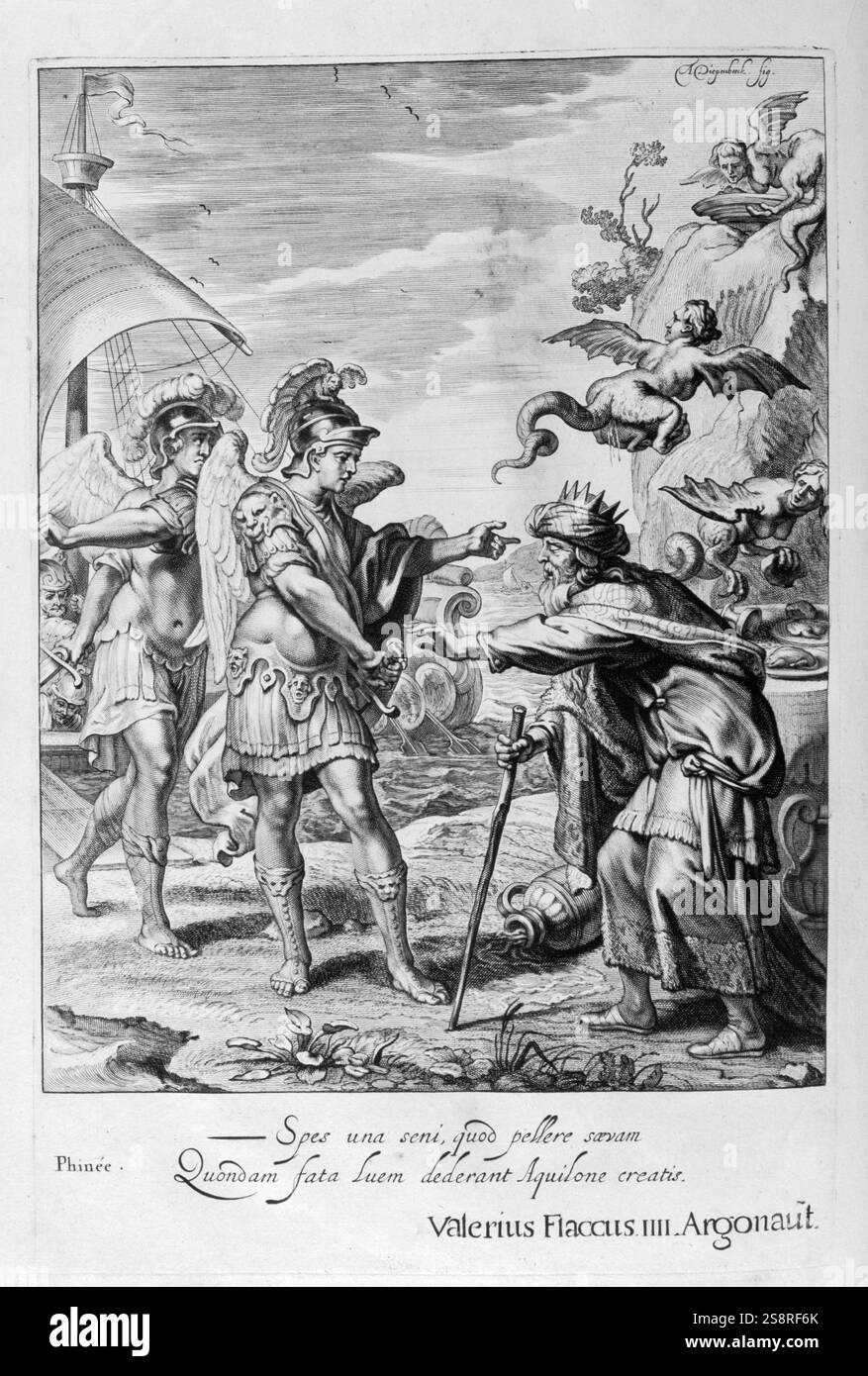 Griechische Mythologie: Phineus; König von Thrakien und Seher, der in Berichten über die Reise der Argonauten erscheint. Kupferstich mit Jason und den Argonauten aus dem „Tableaux du Temple des Muses“ (1655) von Michel de Marolles (1600–1681), bekannt als Abbé de Marolles; französischer Kirchenmann und Übersetzer. Stockfoto