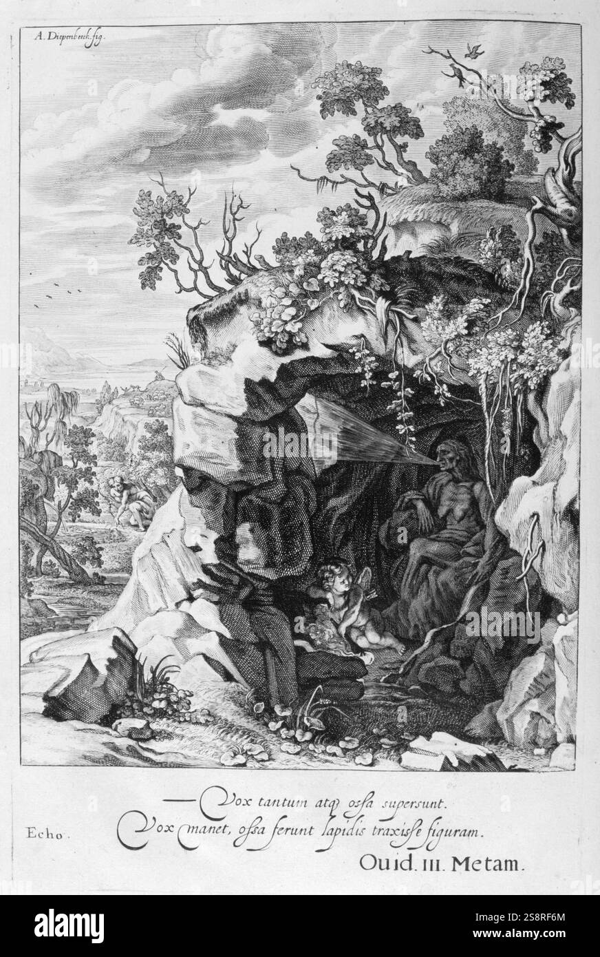 Echo. Gravur von "Tableaux du Temple des muses" (1655) von Michel de Marolles (1600 - 1681), bekannt als der Abbé de Marolles; eine französische Kirchenmann und Übersetzer. Stockfoto