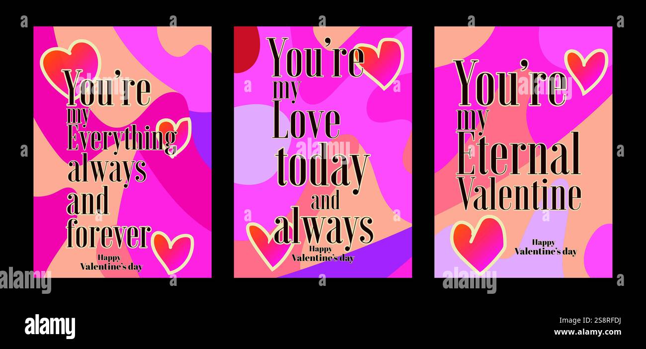 Auffällige Valentinstag-Vorlagen mit modernem Pastellhintergrund. Eine Valentinstag-Grußkarte mit Beispieltext, roten Herzen und abstraktem Hintergrund Stock Vektor