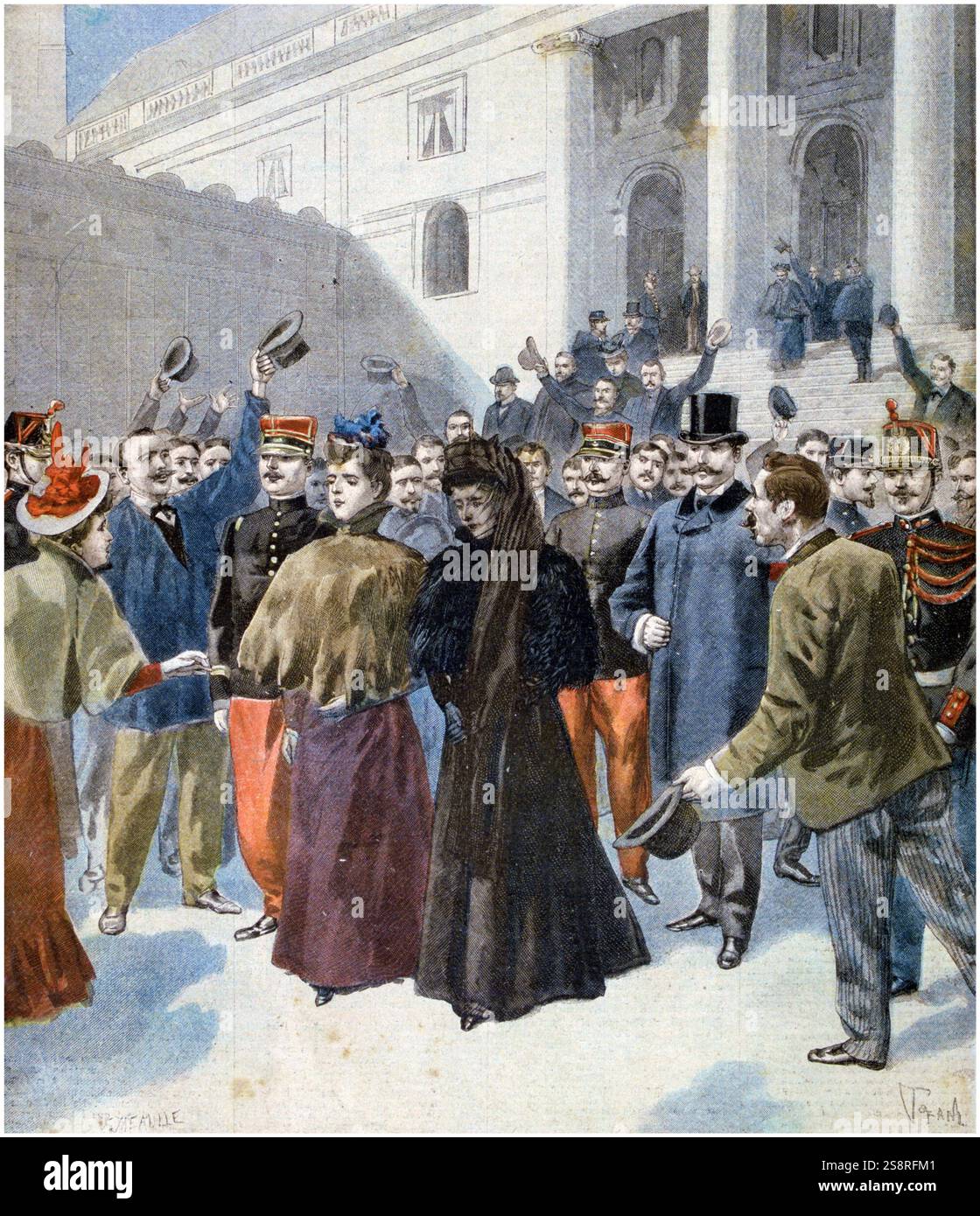 Die Frau von Henri Rochefort, ein Anti-Dreyfus Journalist, verlässt die Verleumdung Versuch von Joseph Reinach, ein französischer Autor und Politiker. Reinach ist am Besten als der Meister von Alfred Dreyfus bekannt. Zum Zeitpunkt der ursprünglichen Studie versuchte er, eine öffentliche Anhörung der Fall zu sichern, und im Jahr 1897. Im Jahr 1899 brachte er eine Klage gegen Henri Rochefort, ein Anti-Dreyfus Journalist Stockfoto