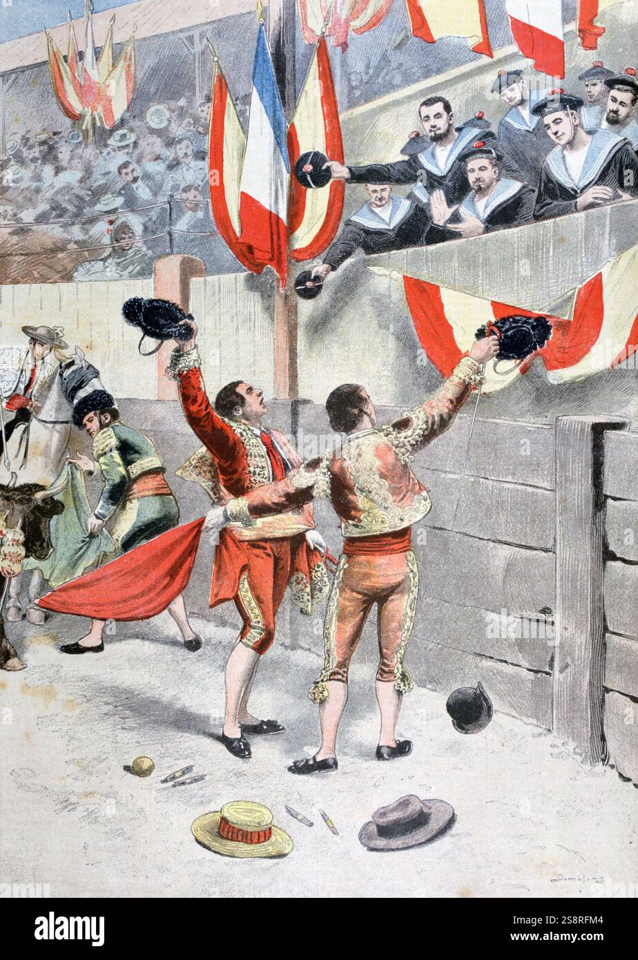 Französische Matrosen bei einem spanischen Stierkampf. 1899 Stockfoto