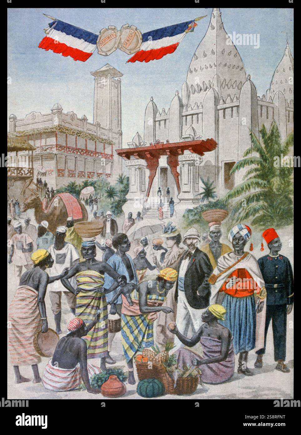 Senegal und Dahomey (Benin) Französische Kolonien haben ihre Pavillons, an der Exposition Universelle von 1900. Dies war eine Messe in Paris, Frankreich, statt, von 14. April bis 12. November 1900, die Errungenschaften des vergangenen Jahrhunderts zu feiern und Entwicklung in die nächste zu beschleunigen. Stockfoto