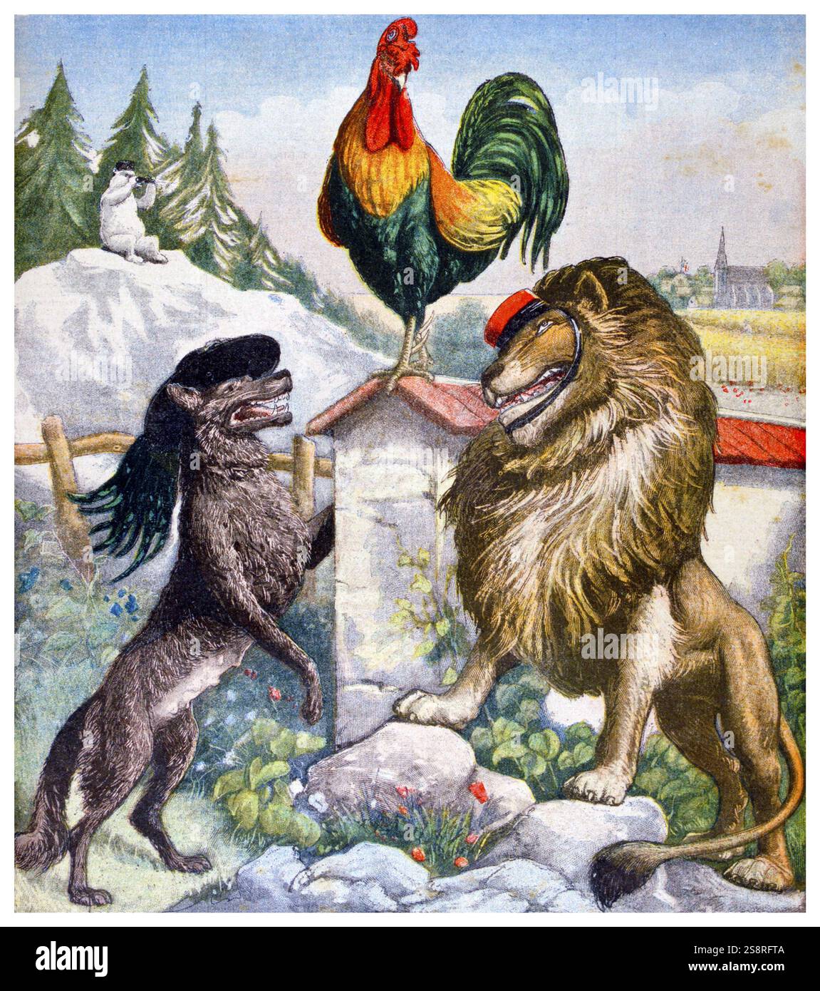 Darstellung eines Hahns ein Fuchs und ein Löwe vertritt Frankreich Italien und Großbritannien. 1903 Stockfoto