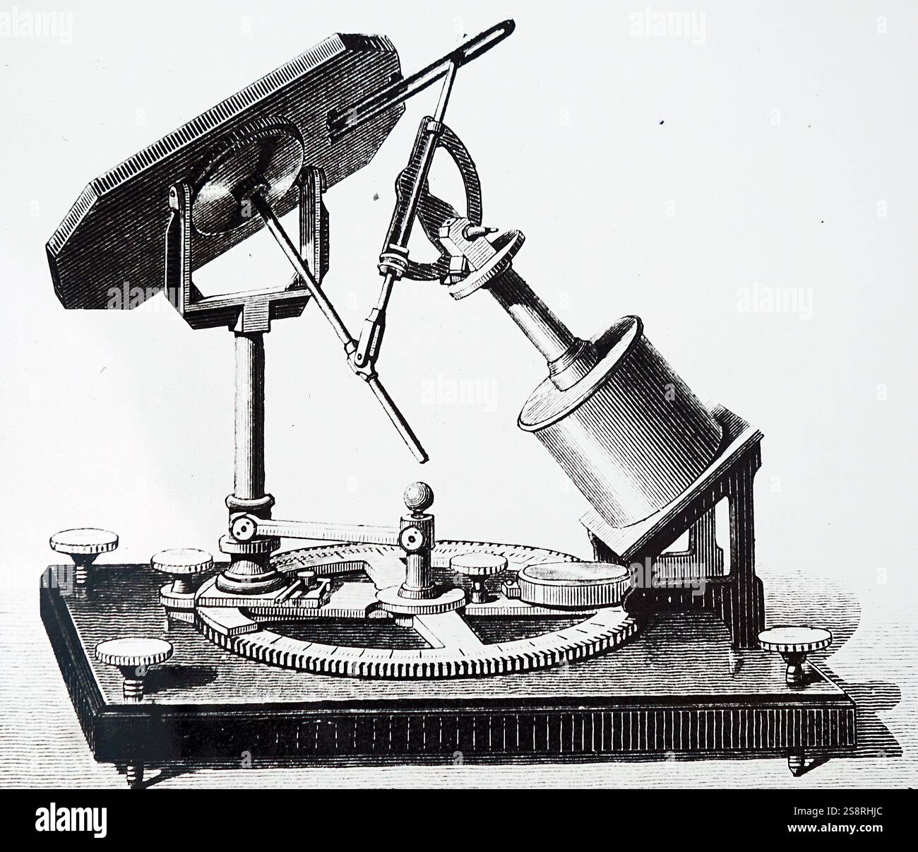 Gravur einer Coelostat von Léon Foucault (1819-1868), ein französischer Physiker. Ein Coelostat ist ein Instrument mit einer rotierenden Spiegel, der kontinuierlich die Licht reflektiert aus dem gleichen Bereich des Himmels, für die Überwachung der Pfad eines Himmelsobjekts verwendet. Vom 19. Jahrhundert Stockfoto