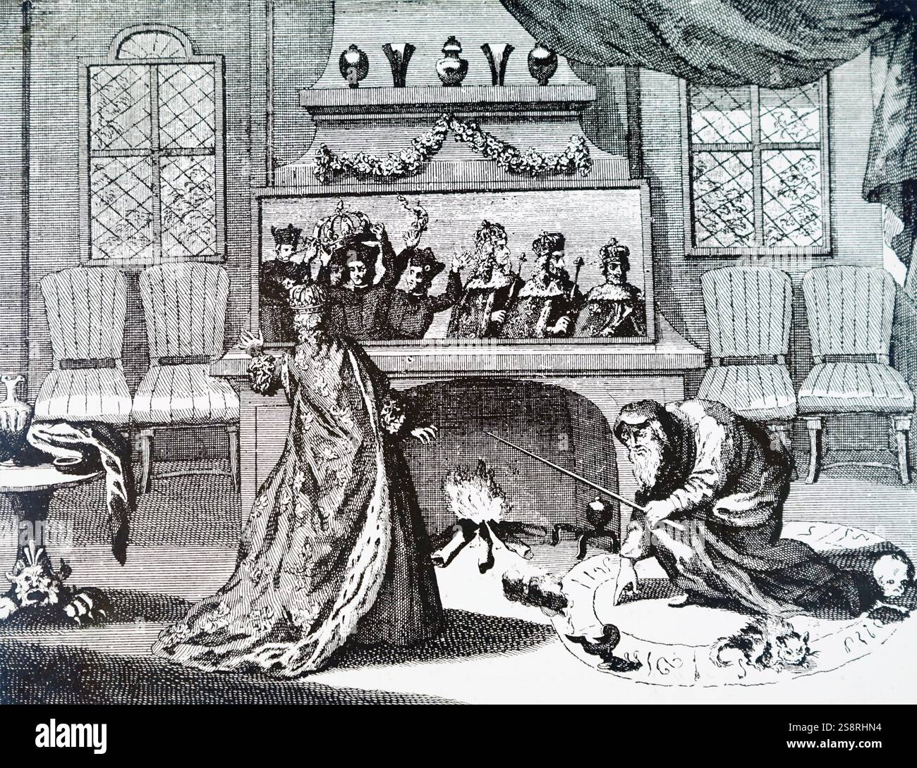 Gravur Darstellung wie Nostradamus (1503-1566) in der Lage war, seine magischen Spiegel zu benutzen, das Schicksal der Könige von Frankreich, Katharina de Medici zu prophezeien. Vom 19. Jahrhundert Stockfoto