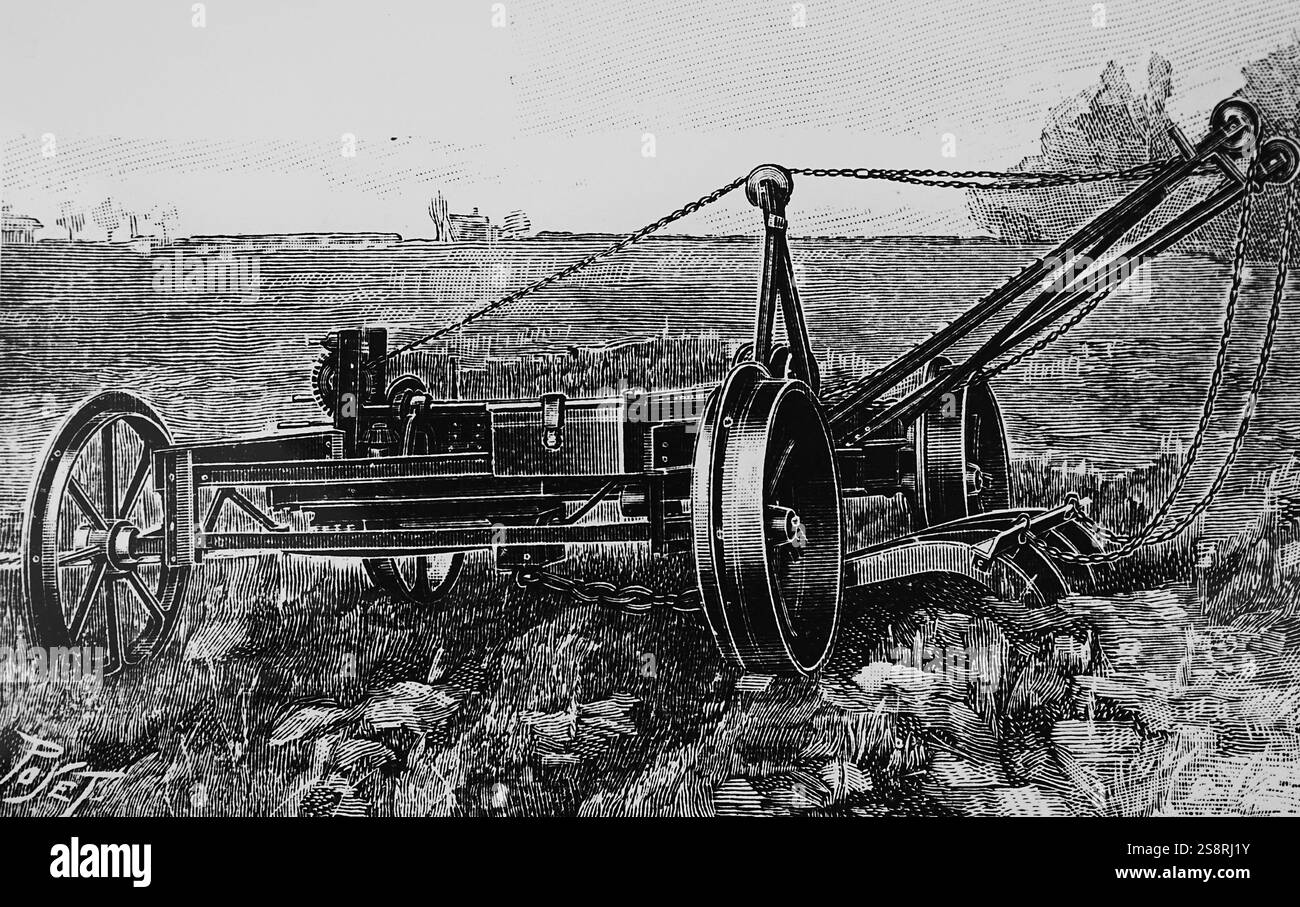 Kupferstich mit der Darstellung eines beweglichen Anker Fahrzeug für den Einsatz an einem Ende eines Feldes als Riemenscheibe Baustein für Seil, an die ein Pflug zu handeln in Dampf pflügen angebracht ist. Vom 19. Jahrhundert Stockfoto