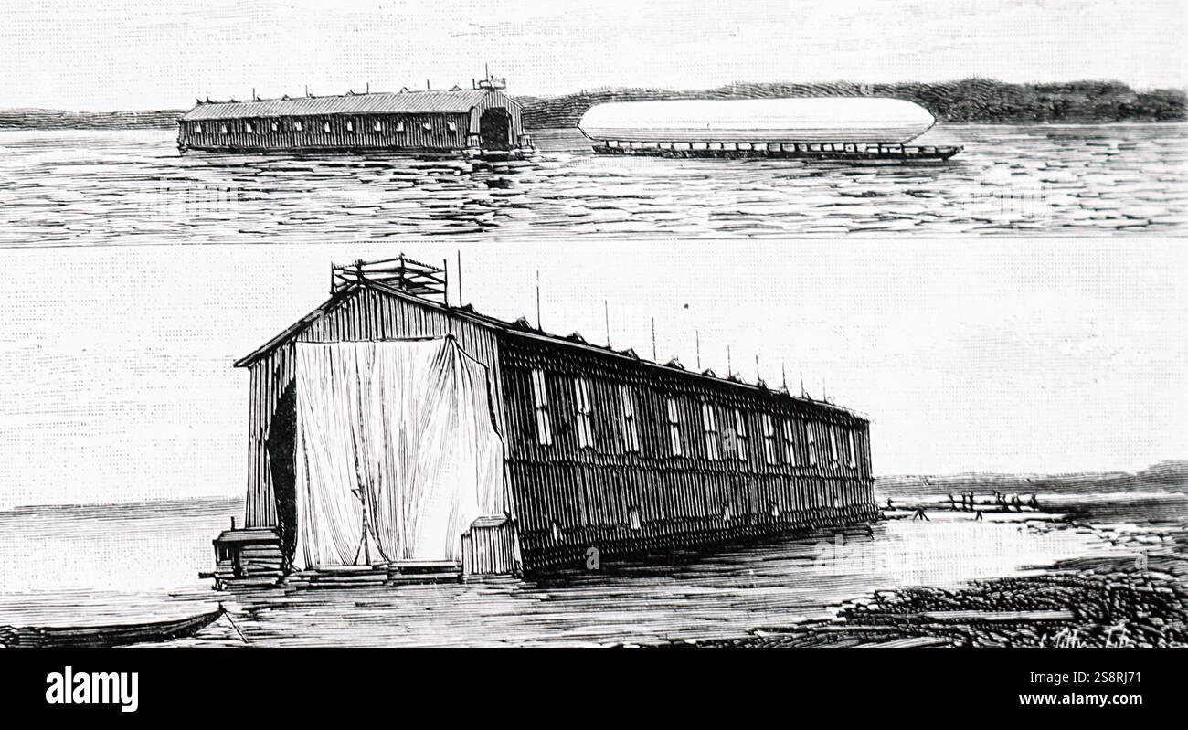 Kupferstich mit der Darstellung der Zeppelin Luftschiff, am Bodensee, nach der Deutschen Ferdinand Graf von Zeppelin (1838-1917) ein deutscher General und späteren Flugzeughersteller benannt. Vom 20. Jahrhundert Stockfoto