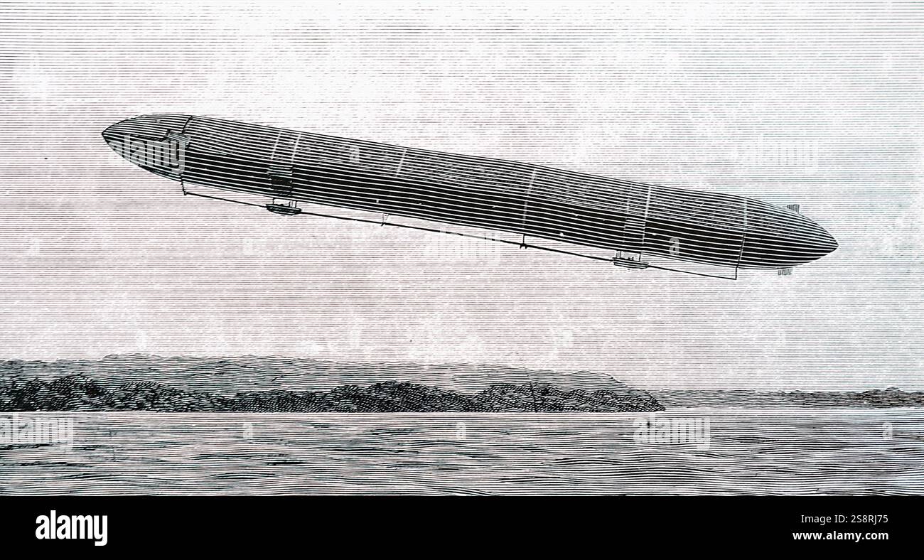 Kupferstich mit der Darstellung der Zeppelin Luftschiff, am Bodensee, nach der Deutschen Ferdinand Graf von Zeppelin (1838-1917) ein deutscher General und späteren Flugzeughersteller benannt. Vom 20. Jahrhundert Stockfoto