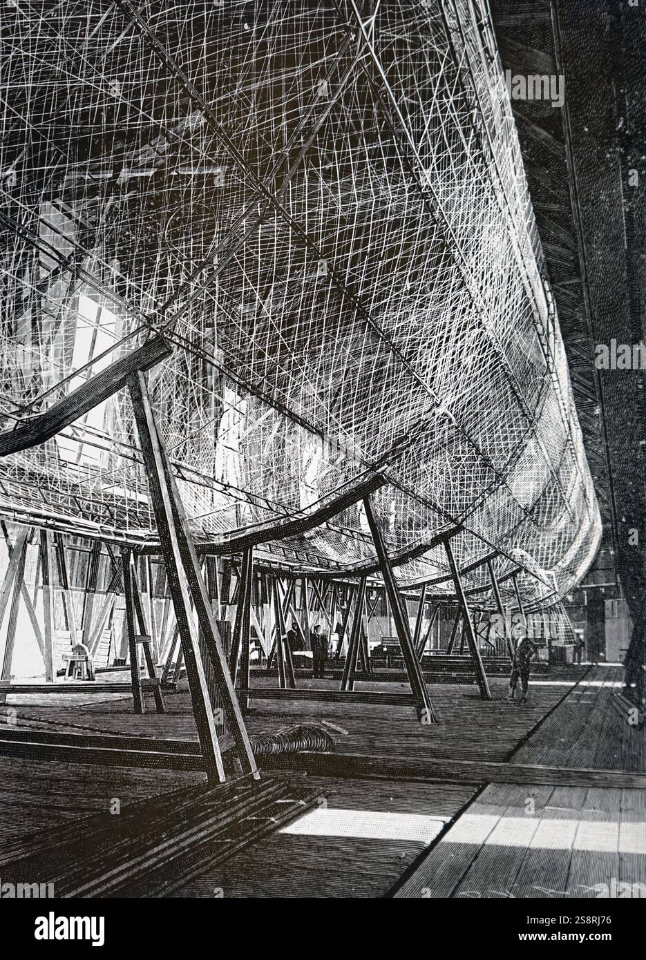 Kupferstich mit der Darstellung der Zeppelin Luftschiff in der Aufhänger. Nach dem Deutschen Ferdinand Graf von Zeppelin (1838-1917) ein deutscher General und späteren Flugzeughersteller benannt. Vom 20. Jahrhundert Stockfoto