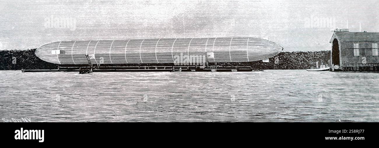 Kupferstich mit der Darstellung der Zeppelin Luftschiff, am Bodensee, nach der Deutschen Ferdinand Graf von Zeppelin (1838-1917) ein deutscher General und späteren Flugzeughersteller benannt. Vom 20. Jahrhundert Stockfoto