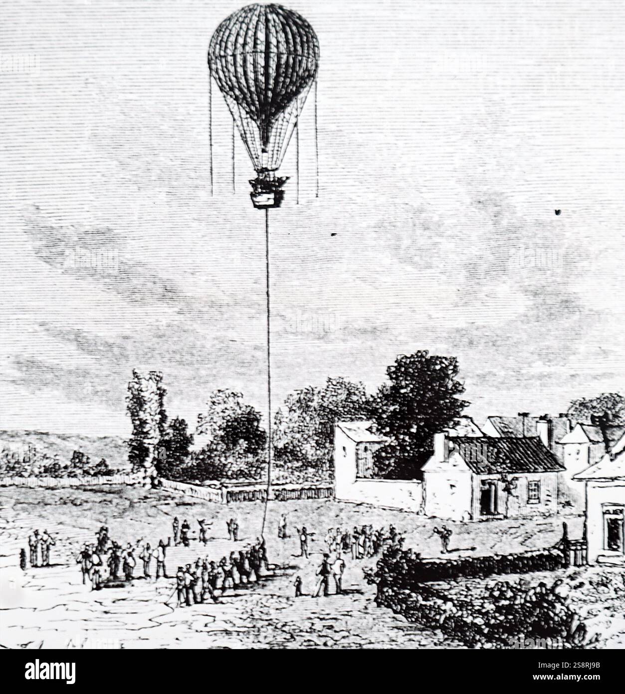 Kupferstich mit der Darstellung der Aufstieg von Eugène Godard's Ballon 'Adler' von der Cremorne Gardens, London. Eugène Godard (1827-1890), ein französischer aeronaut. Vom 19. Jahrhundert Stockfoto