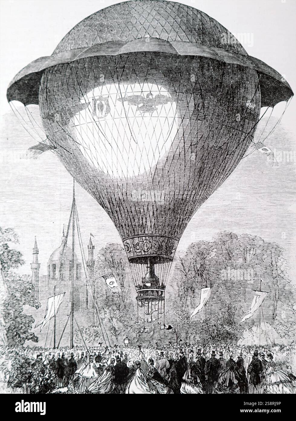 Kupferstich mit der Darstellung der Aufstieg der Montgolfier Ballon vom Cremorne Gardens, London. Vom 19. Jahrhundert Stockfoto