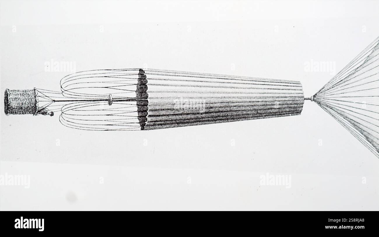 Gravur Darstellung André-Jacques Garnerin der Fallschirm Design. André-Jacques Garnerin (1769-1823) eine französische Ballonfahrer und Erfinder der rahmenlosen Fallschirm. Vom 19. Jahrhundert Stockfoto