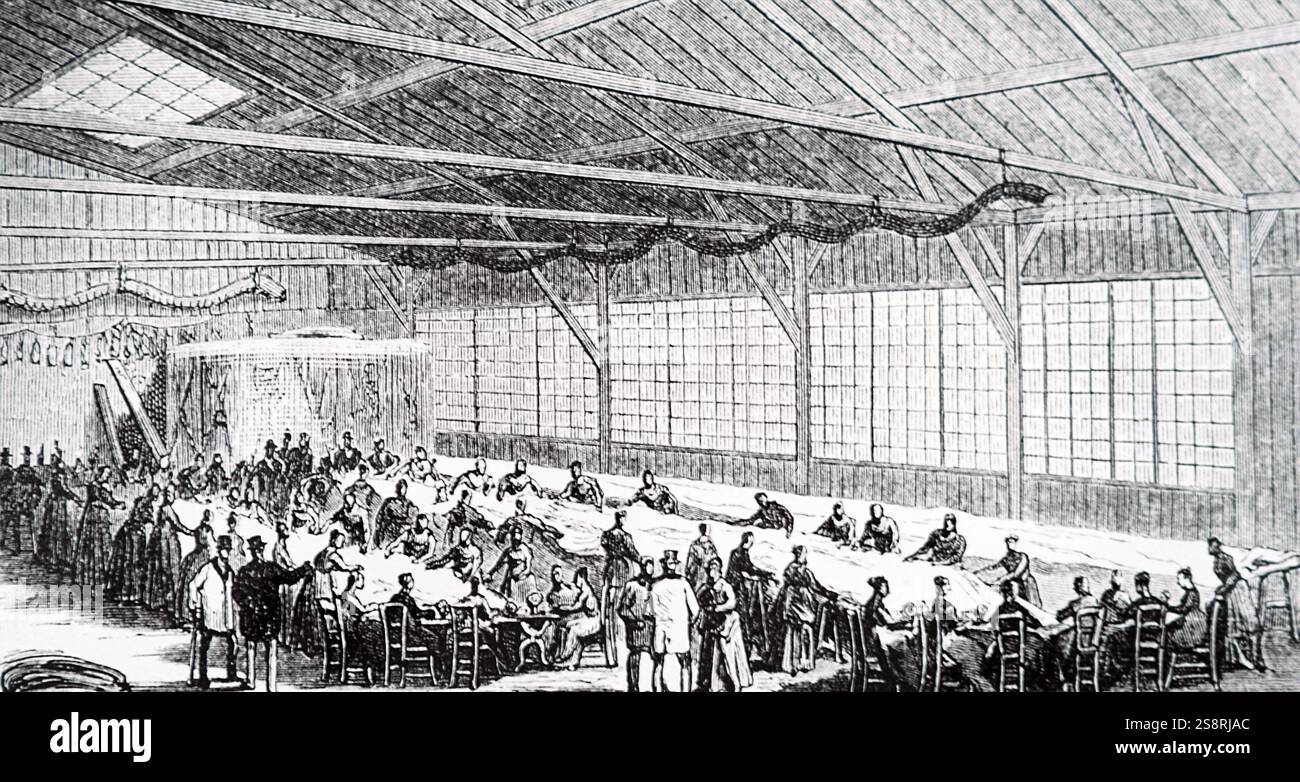 Kupferstich mit der Darstellung der Herstellung der Fesselballon für die cremorne Gardens, London. Vom 19. Jahrhundert Stockfoto