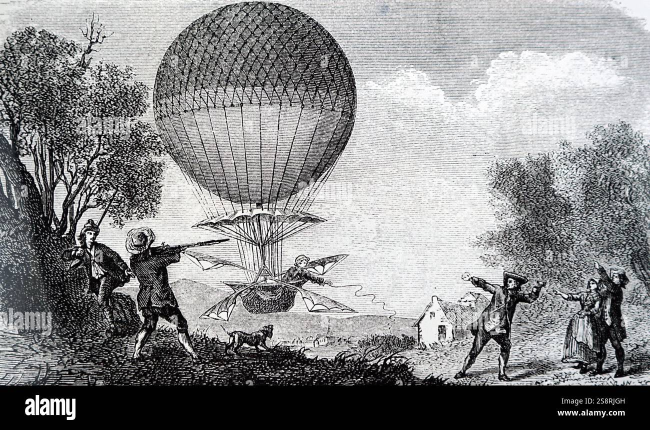 Gravur, Jean-Pierre Blanchard's Ballon. Vom 18. Jahrhundert Stockfoto