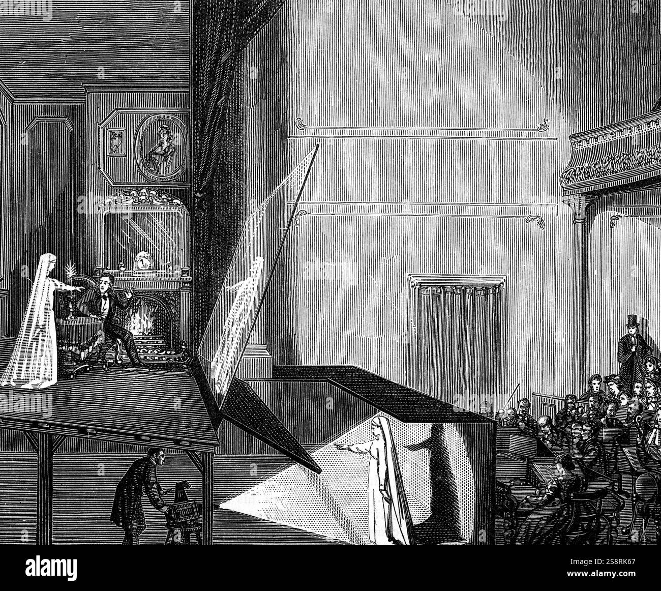 Kupferstich mit der Darstellung der Methode als "Pepper's Ghost" bekannt. Ein Bild von einem 'Ghost' ist auf die Bühne mit der Verwendung von Spiegeln und reflektierte Licht projiziert. Um dem Publikum die 'Ghost' erscheint auf der Bühne zu stehen. Vom 19. Jahrhundert Stockfoto