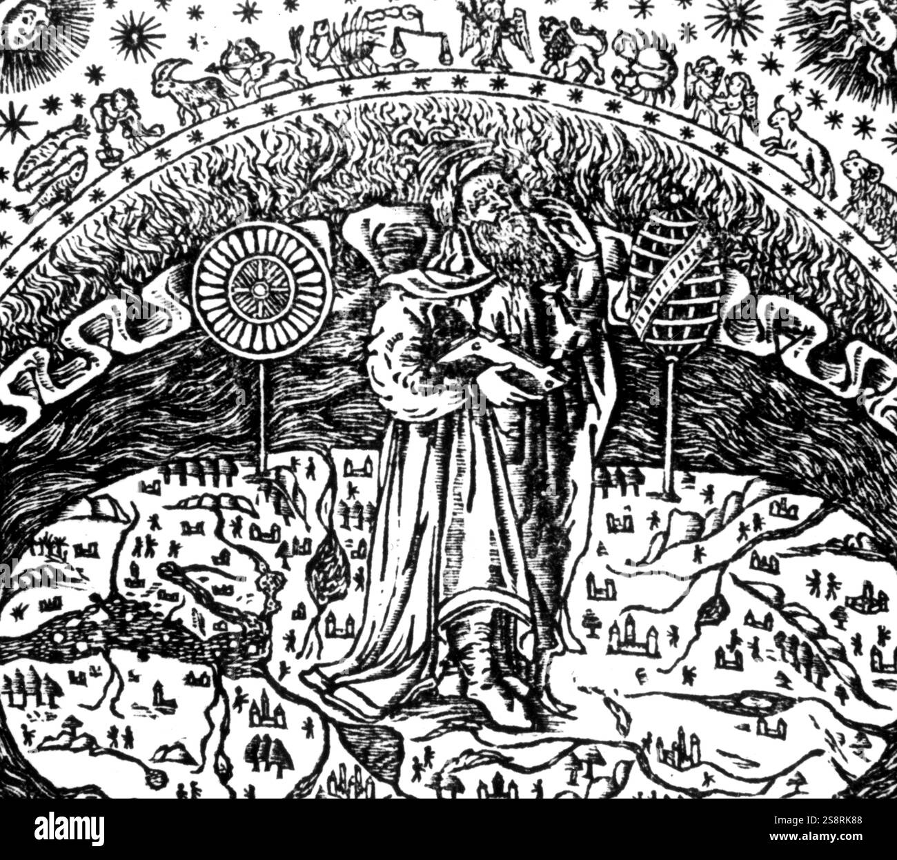 Griechische Abbildung mit der Darstellung der vier Elemente Erde, Luft, Wasser und Feuer, durch die Kuppel der Fixsterne umgeben. Auch dargestellt ist Thale Konzept der flachen Erde auf dem Wasser schwimmend. Die zentrale Figur im Bild repräsentiert Archimedes. Vom 16. Jahrhundert Stockfoto