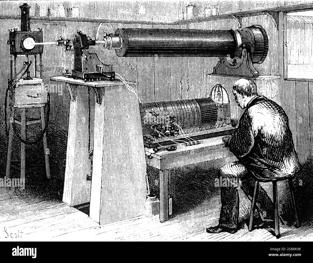Gravur, ein Astronom und sein Assistent Beobachtung Merkur, Venus und Jupiter aus einem Dach Observatorium in Paris. Vom 19. Jahrhundert Stockfoto