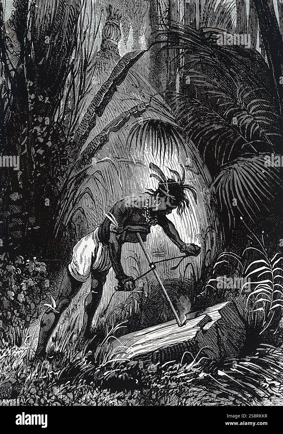 Kupferstich mit der Darstellung eines Nordamerikanischen Indianer mit Bogen Bohrer, eine prähistorische Form von Bohrwerkzeug, die verwendet wurde, um Feuer zu produzieren. Vom 19. Jahrhundert Stockfoto