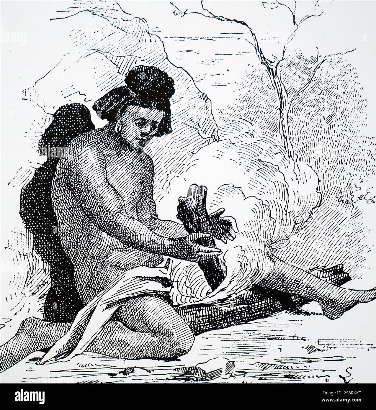 Kupferstich mit der Darstellung eines Nordamerikanischen Indianer mit Bogen Bohrer, eine prähistorische Form von Bohrwerkzeug, die verwendet wurde, um Feuer zu produzieren. Vom 19. Jahrhundert Stockfoto
