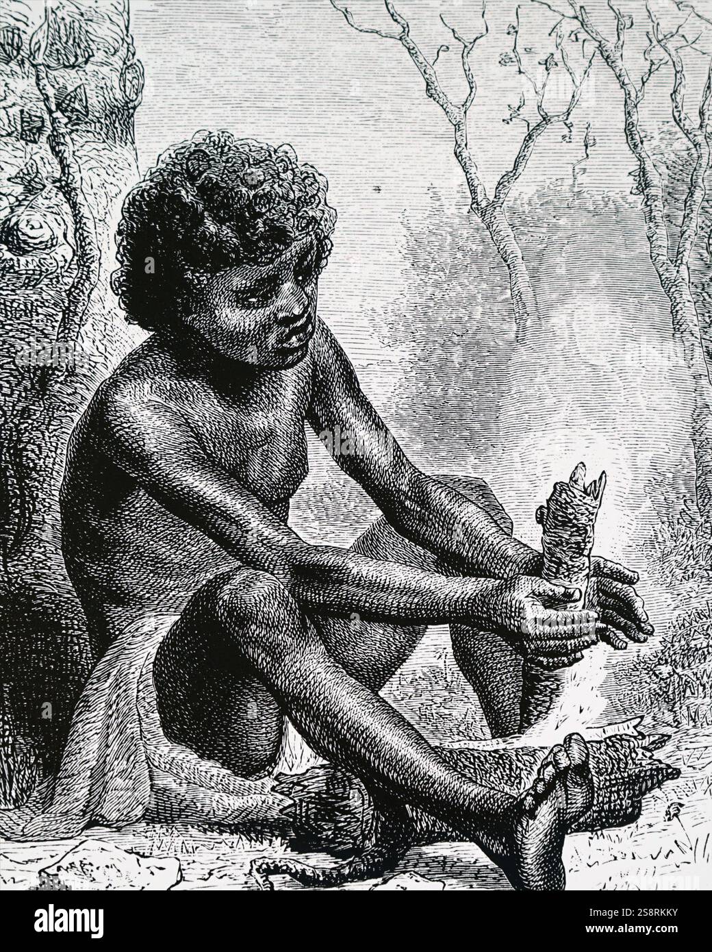 Kupferstich mit der Darstellung eines Nordamerikanischen Indianer mit Bogen Bohrer, eine prähistorische Form von Bohrwerkzeug, die verwendet wurde, um Feuer zu produzieren. Vom 19. Jahrhundert Stockfoto