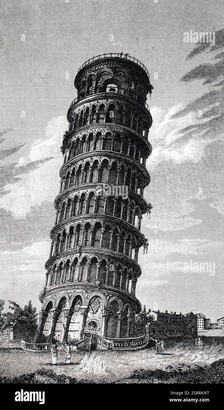 Kupferstich mit der Darstellung der Schiefe Turm von Pisa, der Campanile, oder freistehenden Glockenturm, der Kathedrale von der italienischen Stadt Pisa, weltweit bekannt für seine unbeabsichtigte kippen. Gewagt, 19. Jahrhundert Stockfoto