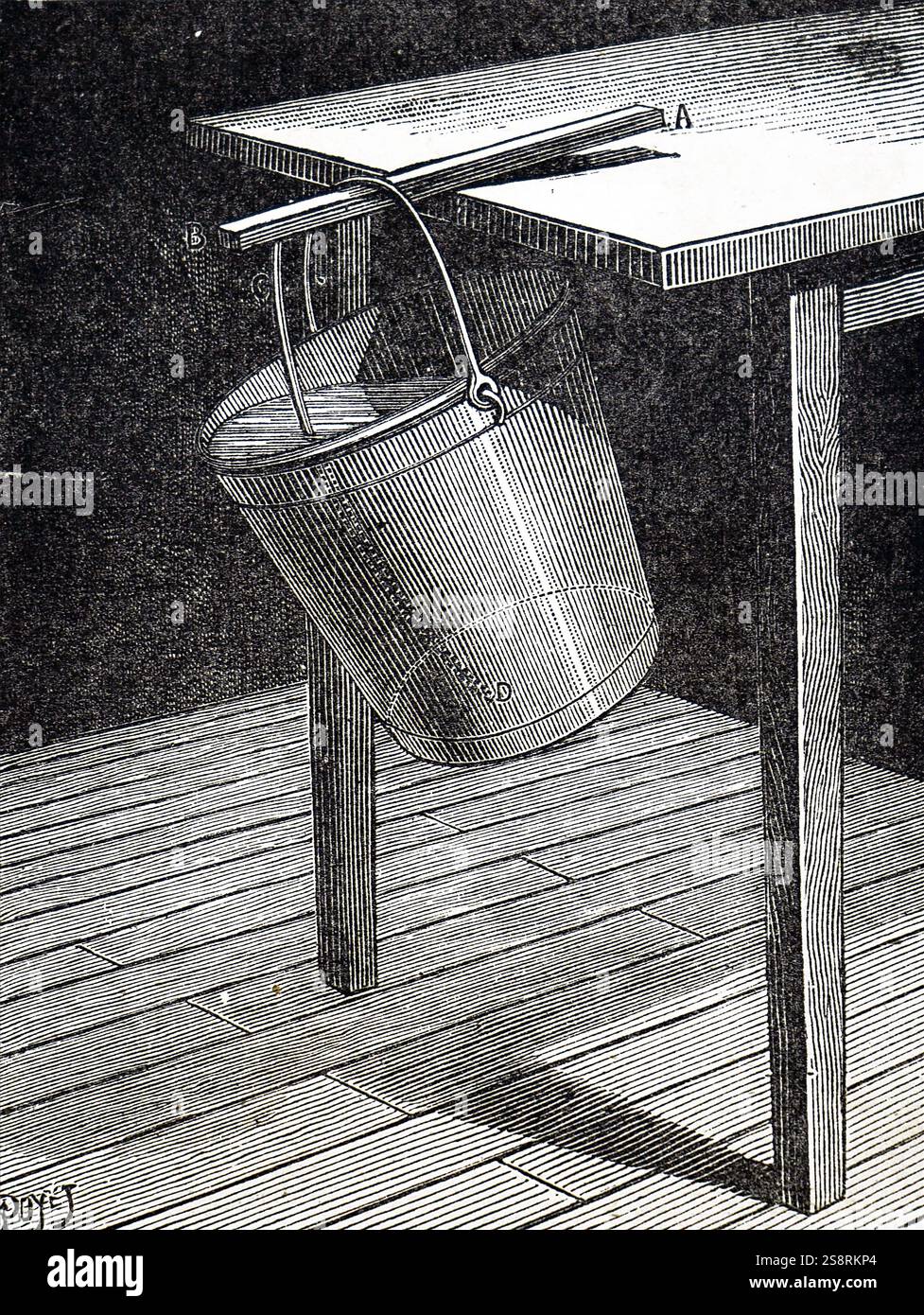 Gravur, ein Experiment, das das Zentrum der Schwerkraft zeigt. Ein Eimer Wasser aus einem Stick ruht auf einem Tisch ausgesetzt. 19. Jahrhundert Stockfoto