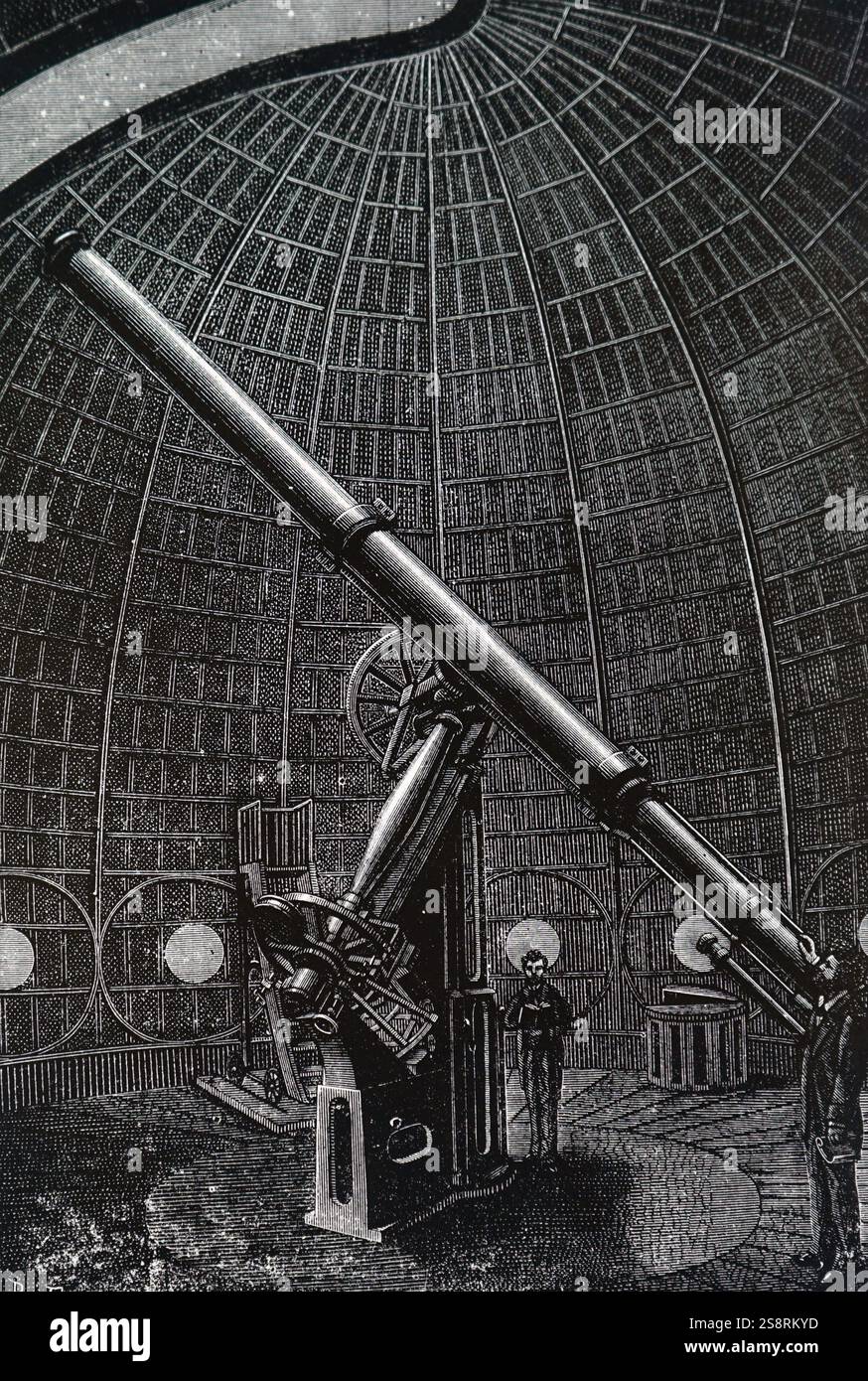 Gravur, ein Astronom und sein Assistent Beobachtung Merkur, Venus und Jupiter aus einem Dach Observatorium in Paris. Vom 20. Jahrhundert Stockfoto