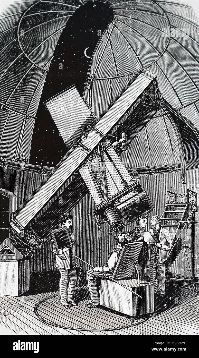 Kupferstich mit der Darstellung der fotografischen Teleskop innerhalb des Pariser Observatorium. Vom 19. Jahrhundert Stockfoto