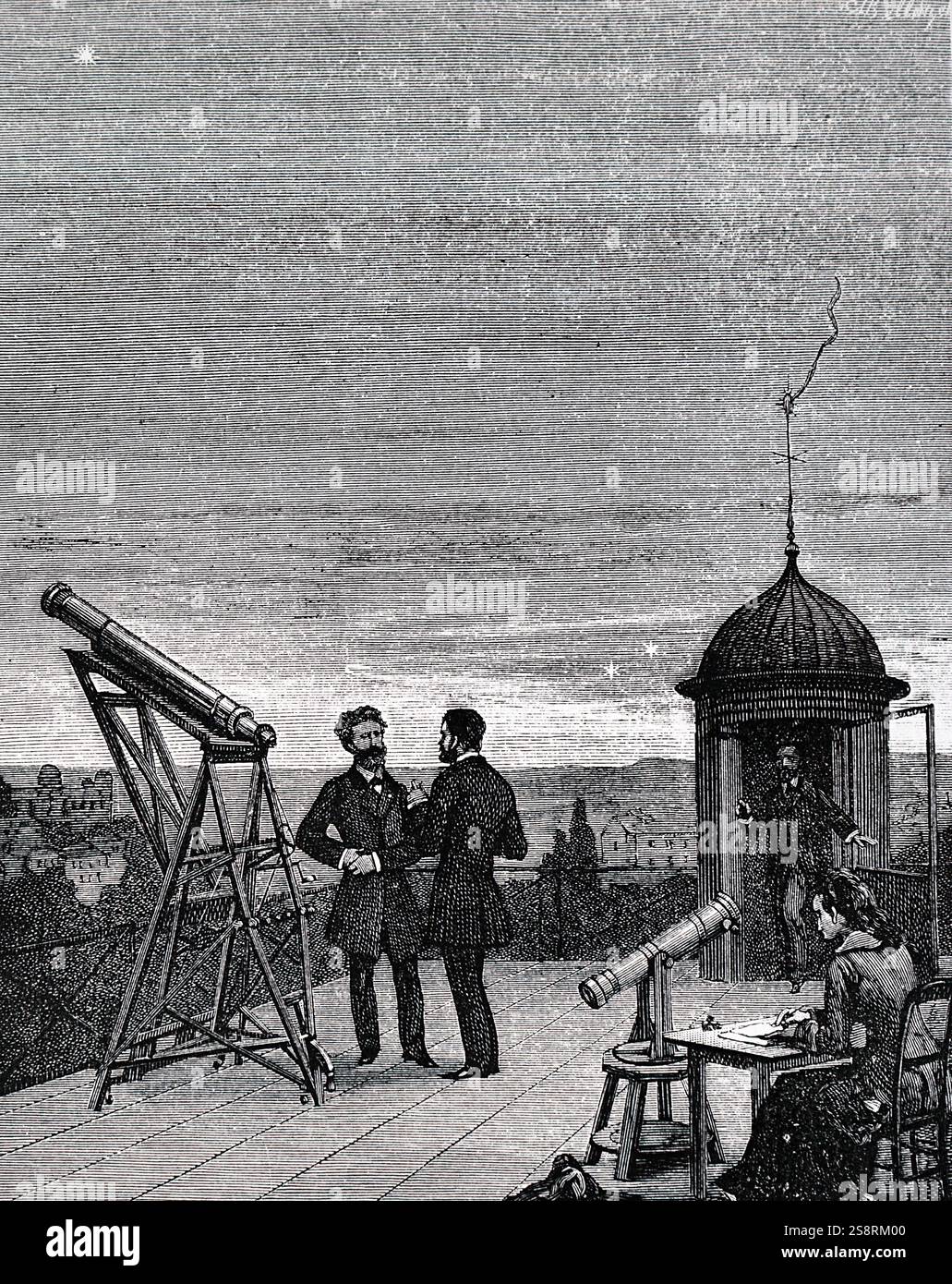 Gravur, ein Astronom und sein Assistent Beobachtung Merkur, Venus und Jupiter aus einem Dach Observatorium in Paris. Vom 19. Jahrhundert Stockfoto