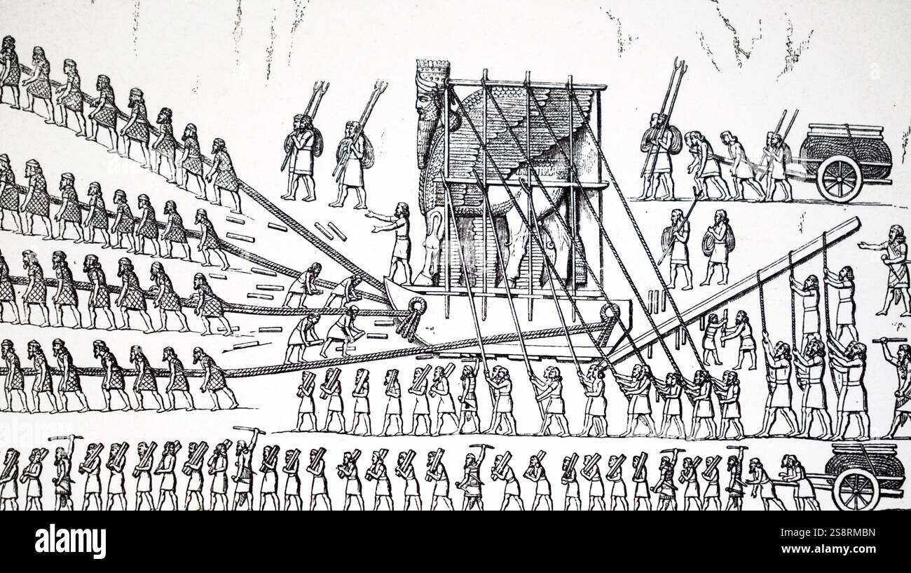 Gravur einer bas-relief, die Assyrer manövrieren eine riesige Statue in durch Walzen und Nutzen. Vom 19. Jahrhundert Stockfoto
