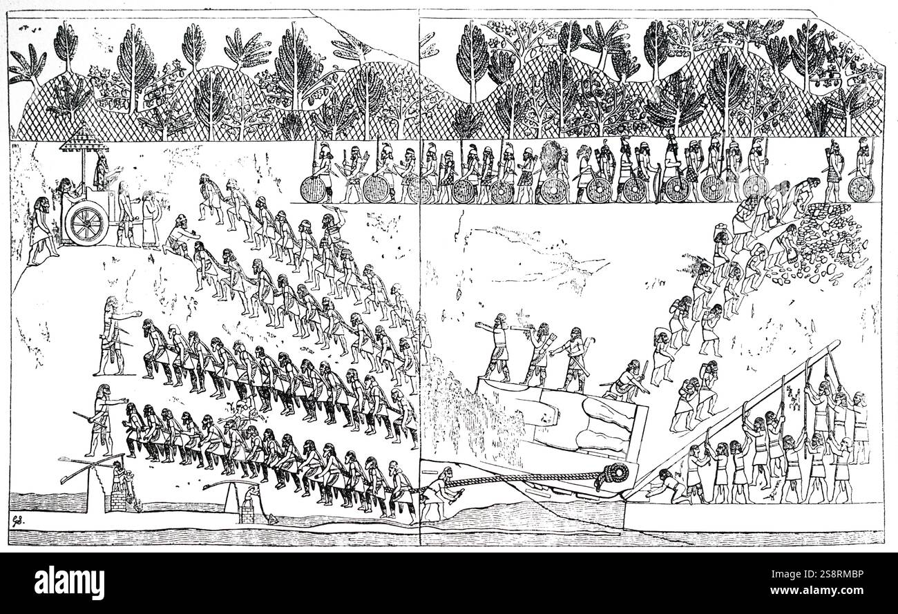 Gravur einer bas-relief, die Assyrer manövrieren eine riesige Statue in durch Walzen und Nutzen. Vom 19. Jahrhundert Stockfoto