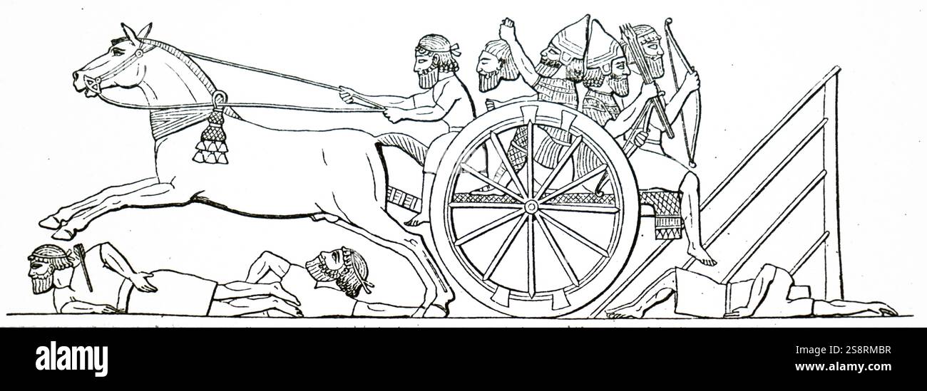 Gravur einer bas-relief, assyrische Krieger in einer Karre vom Feind gefangen. Vom 19. Jahrhundert Stockfoto