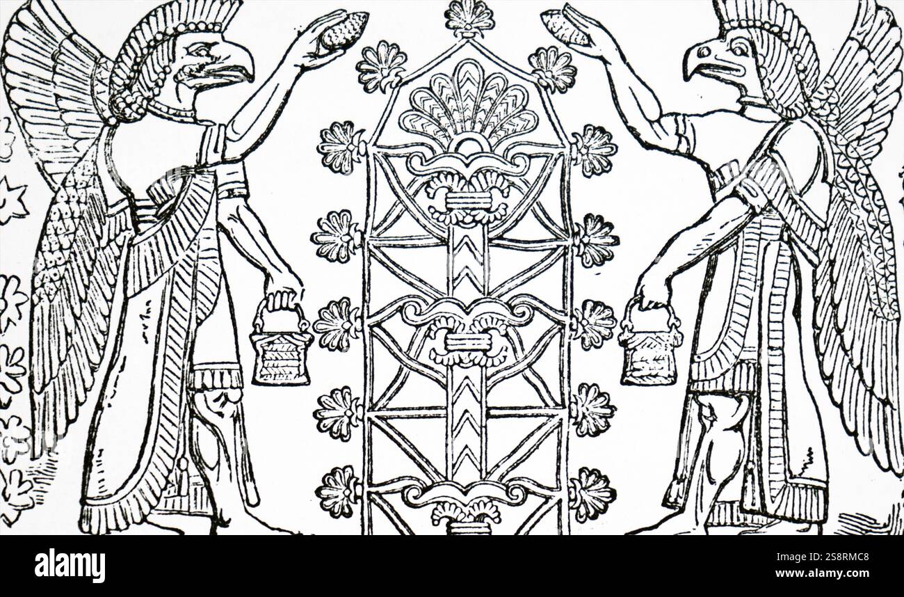 Gravur einer bas-relief mit der Darstellung der Assyrischen Gottes Nisroch, der Gott der Landwirtschaft. Vom 19. Jahrhundert Stockfoto