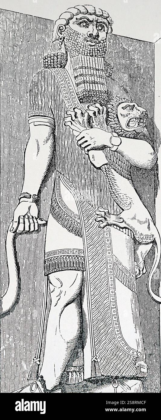 Gravur einer bas-relief mit der Darstellung der großen Assyrischen Hunter, Nimrod. Vom 19. Jahrhundert Stockfoto