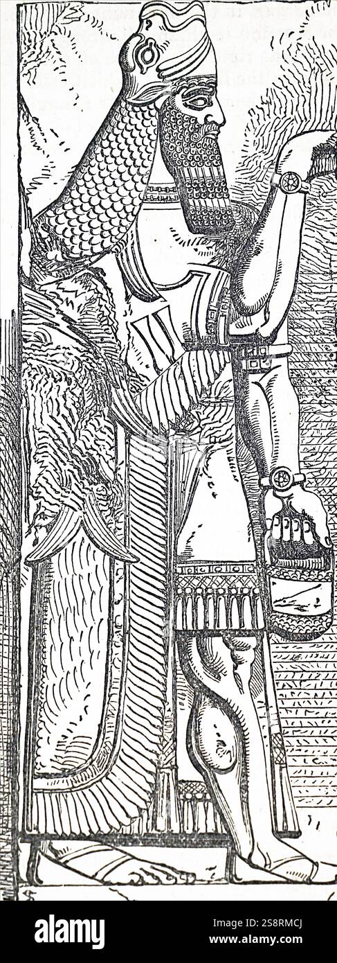 Gravur einer bas-relief mit der Darstellung der Assyrischen Fisch-tailed Gott oannes. Vom 19. Jahrhundert Stockfoto