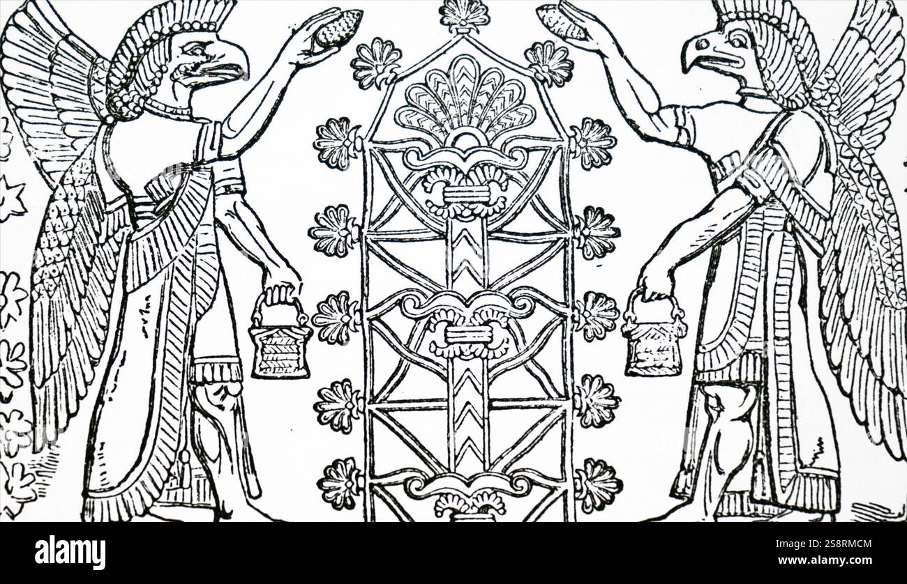 Gravur einer bas-relief mit der Darstellung der Assyrischen Gottes Nisroch, der Gott der Landwirtschaft. Vom 19. Jahrhundert Stockfoto