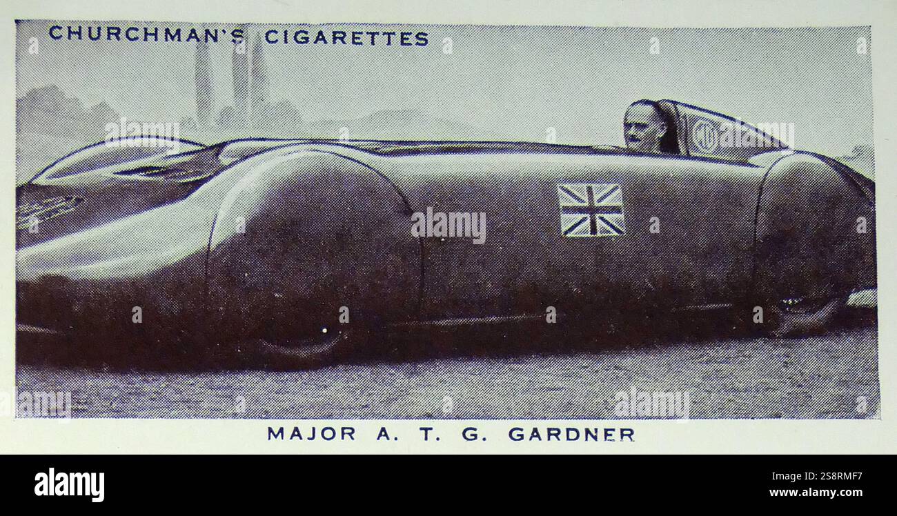 Churchman Könige von Geschwindigkeit Serie zigarette Karte Darstellung Oberstleutnant Alfred Thomas Goldie Gardner (1890-1958), ein englischer Rennfahrer, der die BRDC Gold Star dreimal ausgezeichnet wurde. 1939 war er der Erste zu 200 mph in ein leichtes Auto nicht überschreiten. Vom 20. Jahrhundert Stockfoto