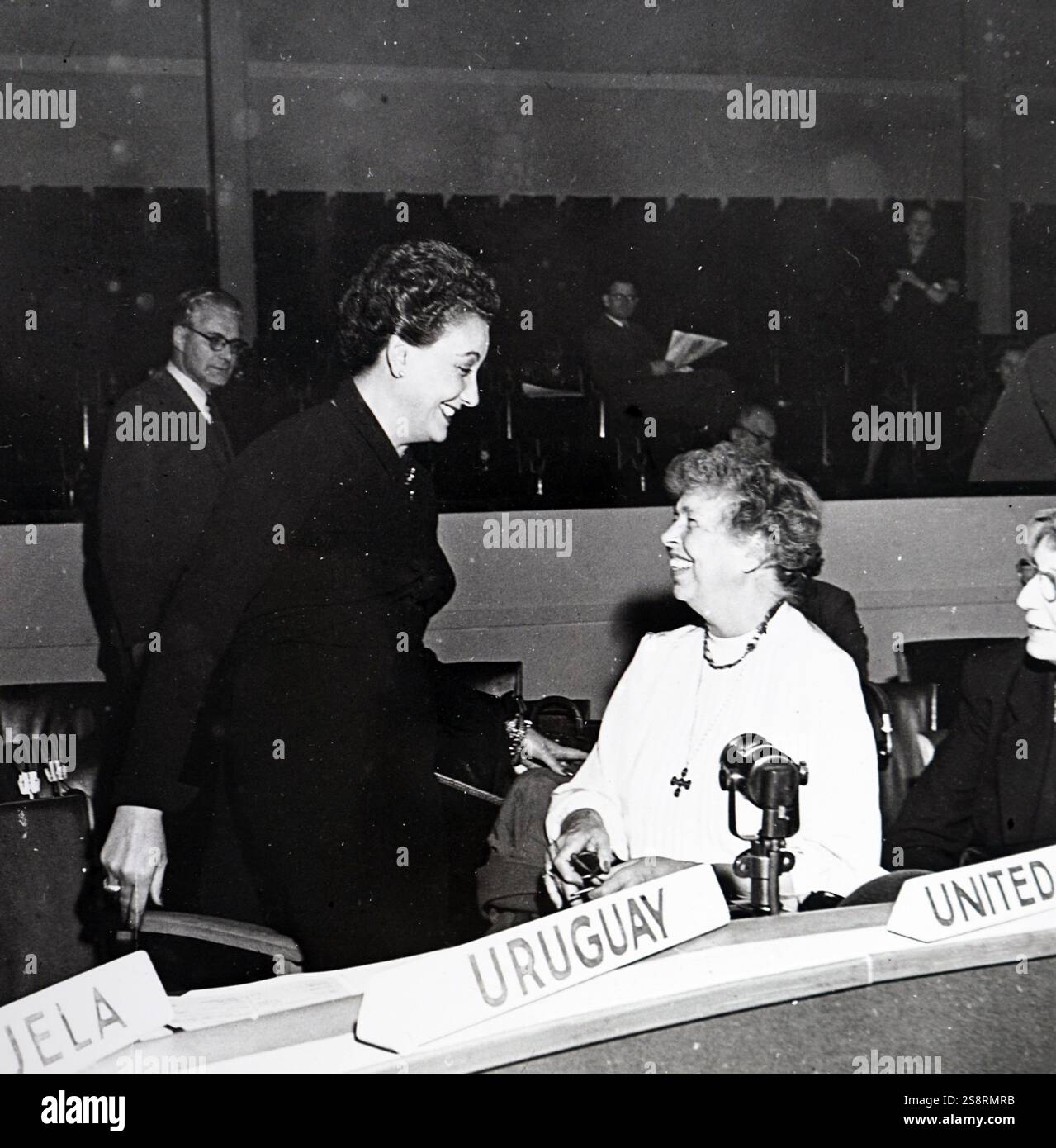 Foto von Eleanor Roosevelt, die die Vereinigten Staaten auf der Konferenz der Vereinten Nationen. Eleanor Roosevelt (1884-1962) ein US-amerikanischer Politiker und ehemalige First Lady der Vereinigten Staaten von Amerika. Vom 20. Jahrhundert Stockfoto
