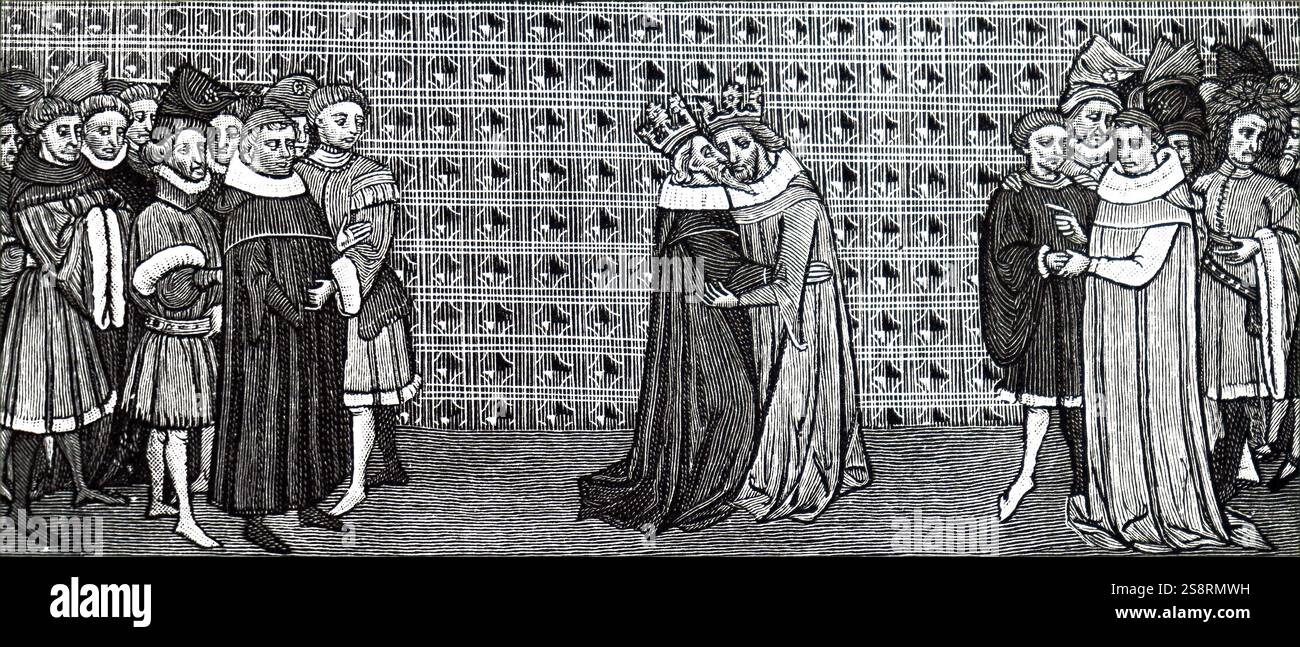 Kupferstich mit der Darstellung der Konferenz von König Edward III. und König Philipp V. von Frankreich. Edward III (1312-1377) König von England. Philipp V. von Frankreich (11293-1322) König von Frankreich und der König von Navarra. Vom 14. Jahrhundert Stockfoto