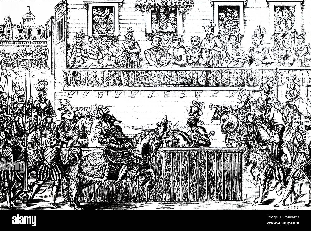 Gravur, die die tödliche Verwundung von König Heinrich II. von Frankreich. Heinrich II. von Frankreich (1519-1559) ein Monarch aus dem Haus Valois, der als König von Frankreich regiert. Vom 16. Jahrhundert Stockfoto